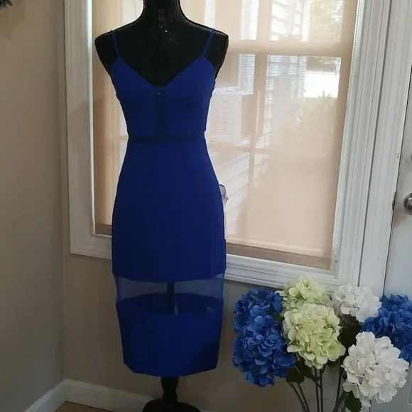 NWT! Dress The Population Micaela Electric Blue 💙 Sheer Inset Body-Con Dress XS - Picture 6 of 16